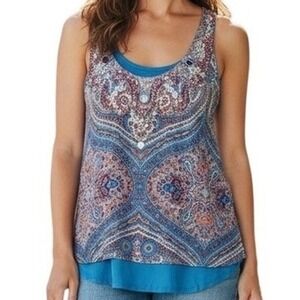YOANA BARASCHI Beaded Paisley Print Tank Top Women's Size Small Blue